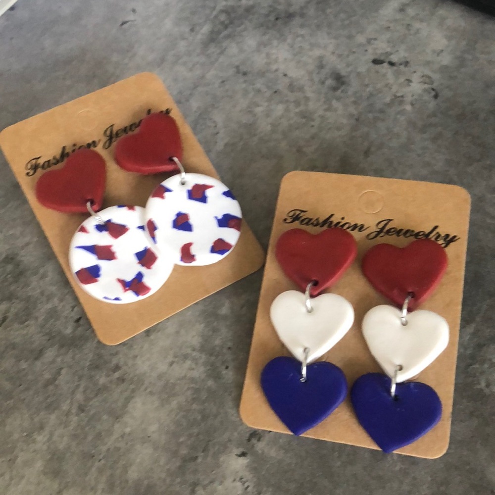 Patriotic red white and blue clay earrings